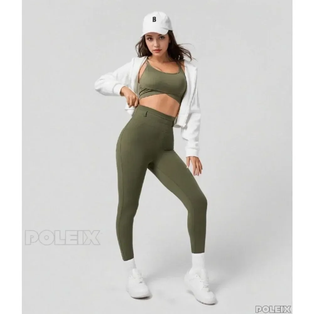 Halara Army Green High Waisted 7/8 Leggings Back Pockets Workout Yoga L NWT